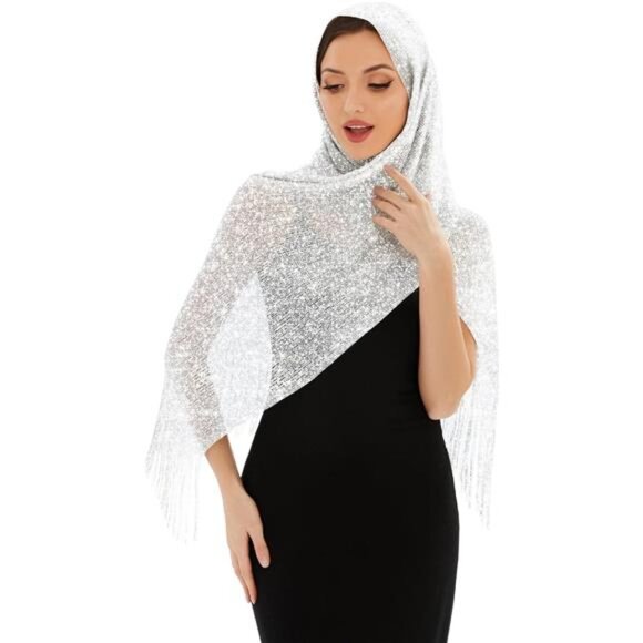 Silver Sparkling Metallic Shawls and Wraps with Buckle, for Evening Dresses Part - Picture 5 of 6